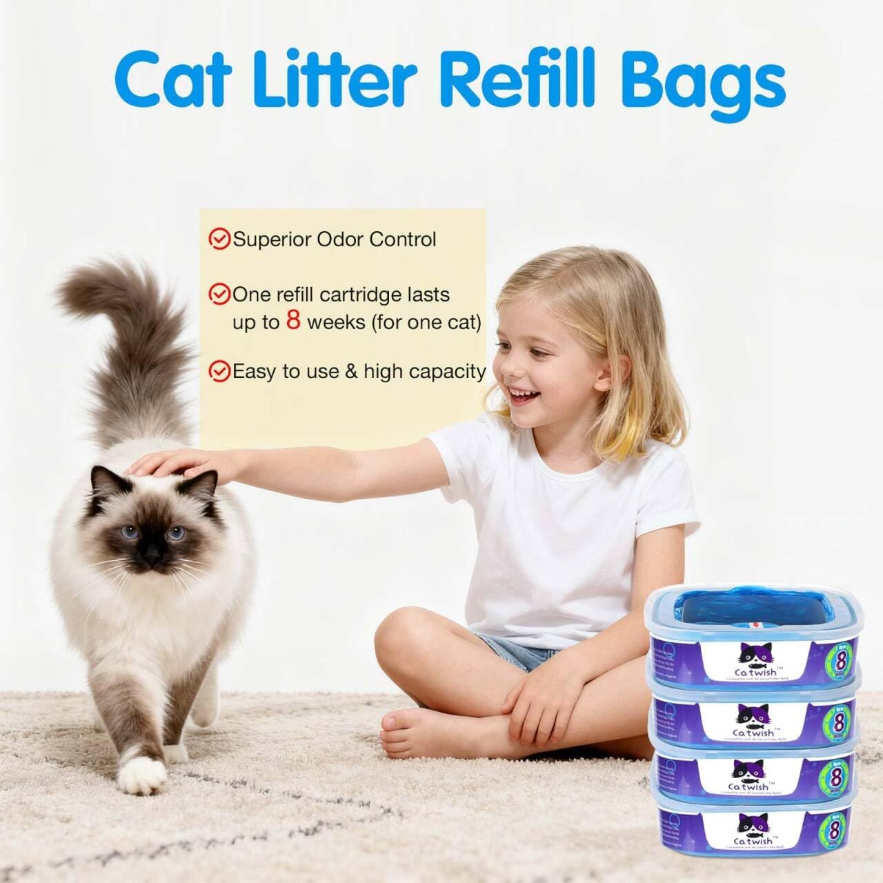 Cat Litter Refills Bags 8 Pack Enhanced Odor Control Litter Refills Compatible with Genie Cat Standard, Plus and XL Pails