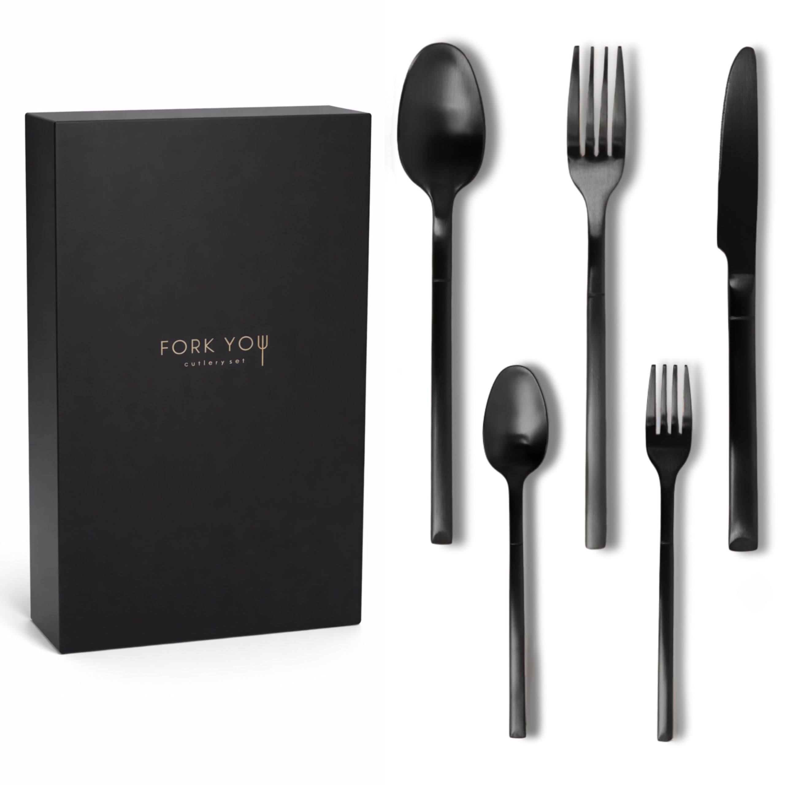Set di posate nero opaco (20 pezzi) per 4 persone, con forchette da dessert, in acciaio inox 18/10, antiruggine e lavabile in lavastoviglie, confezione di alta qualità, idea regalo