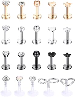 20Pcs 16G Tragus Earrings Stud Stainless Steel Forward Labret Studs Helix Cartilage Earring 8mm 6mm Clear Lip Rings Monroe Piercing Jewelry Set for Women Men