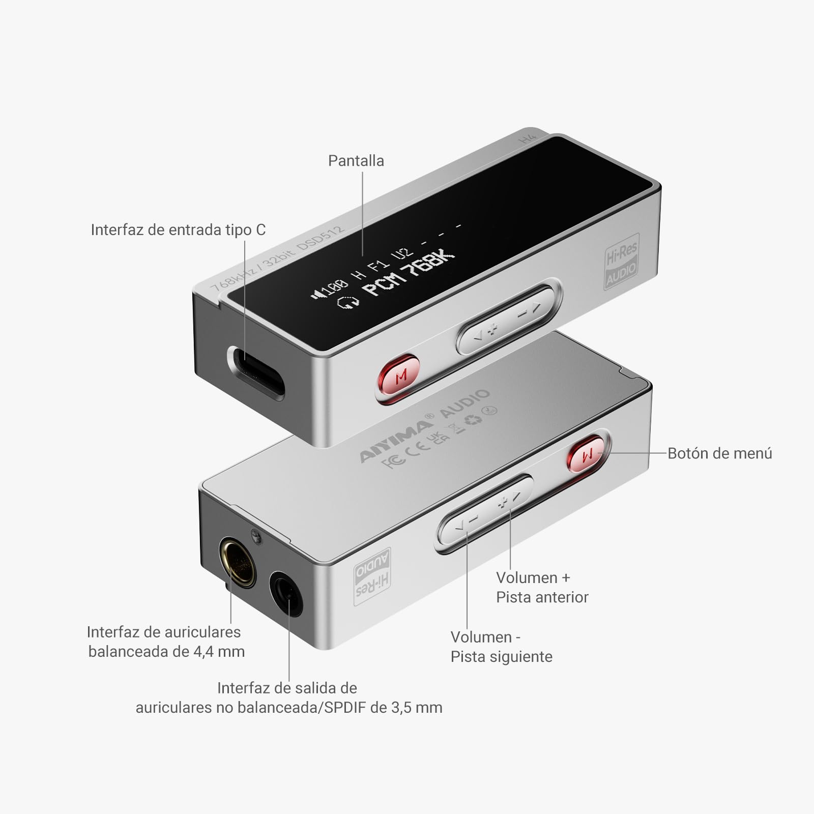 AIYIMA H4 amplificador de auriculares DAC portátil de alta fidelidad con chip ES9039Q2M, dos salidas de auriculares (3,5 mm no balanceada y 4,4 mm balanceada), pequeño amplificador DAC para PS5/Switch