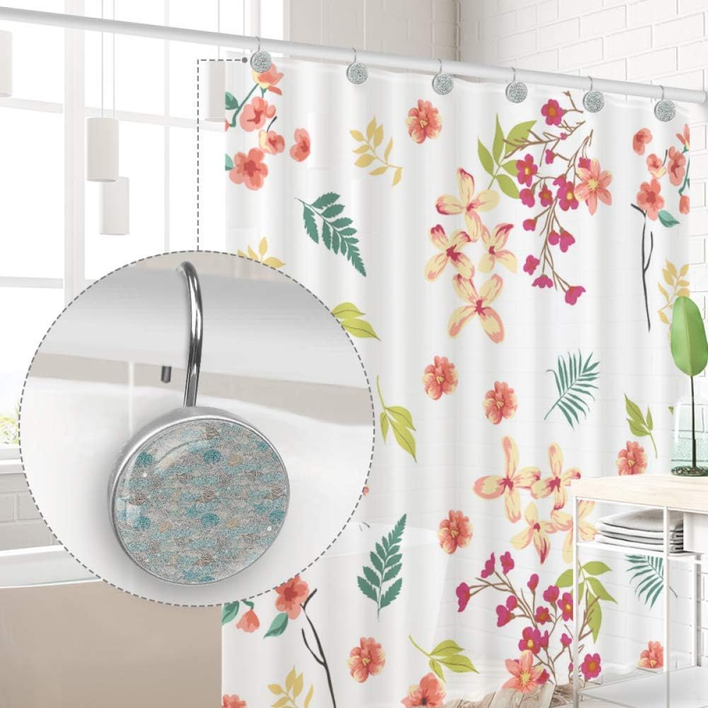 Nautical Shower Curtain Hooks, Pastel Toned Sea Shell Starfish Mollusk Seahorse Coral Reef Motif Design,12 Piece Crystal Grass Decorative Rolling Shower Curtain Rings Hooks for Bathroom