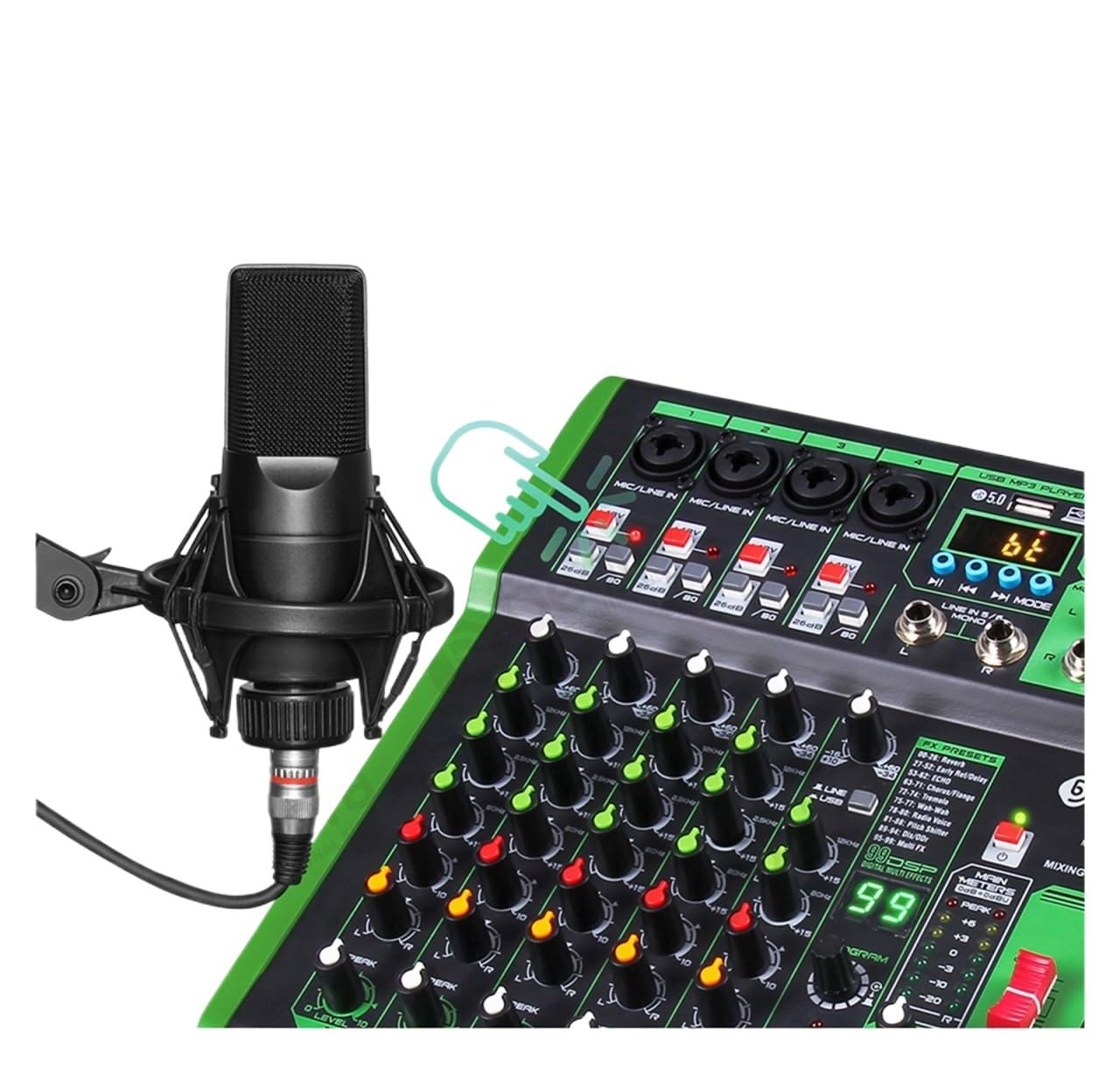 Consola mezcladora DJ con efecto digital 99DSP, alimentación Phantom de 48 V, USB, MP3 for grabación en PC,Portátil(DI-6UX 6 Channels)