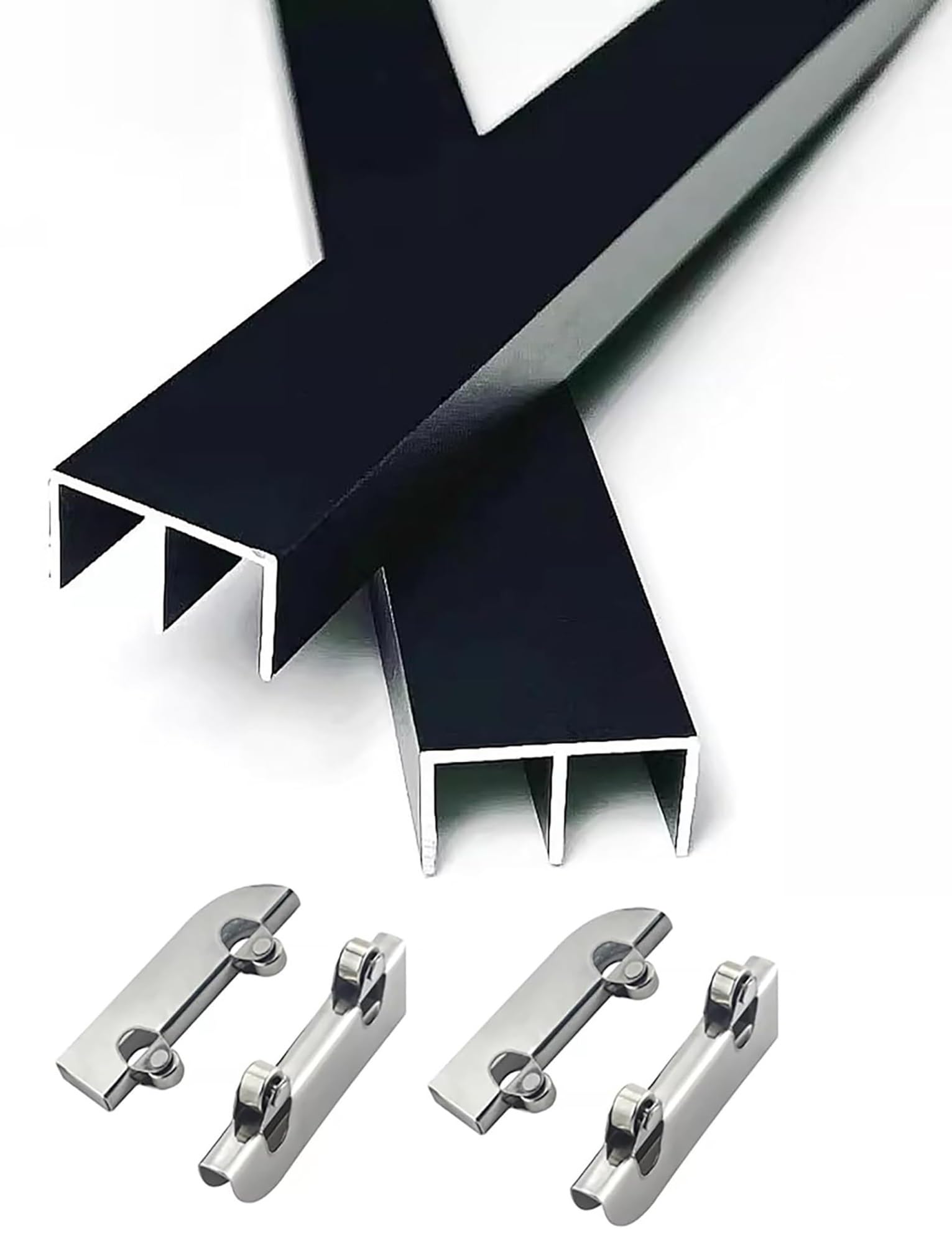 Zestaw prowadnic do szklanych drzwi przesuwnych 5 mm, czarna aluminiowa szyna dwukanałowa i rolka 1 zestaw(78.7in/200cm)