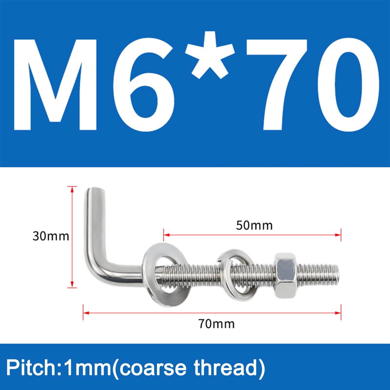 Kit di bulloni filettati a forma di L M6x70mm 304 in acciaio inossidabile, con viti quadrate per ancoraggio di fondazione e ganci per sospensione, confezione da 10 pezzi