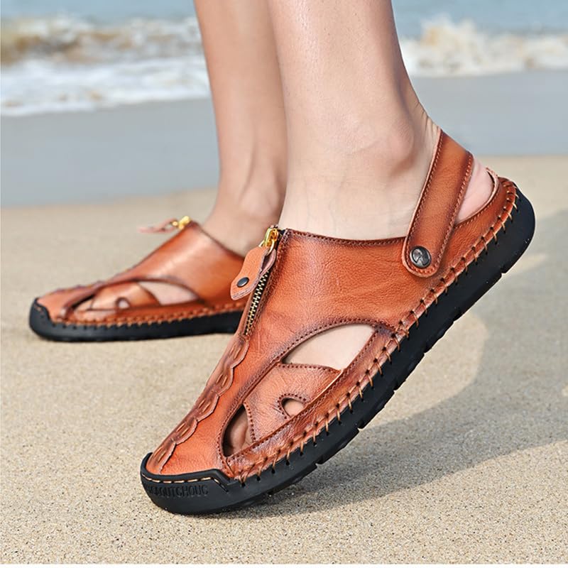 RiceelSor Mens Closed Toe Leather Handmade Sandals Adjustable Heel Strap Slip on Large Size SummerBreathable Comfortable Lightweight Beach Outdoor Fisherman Slippers2