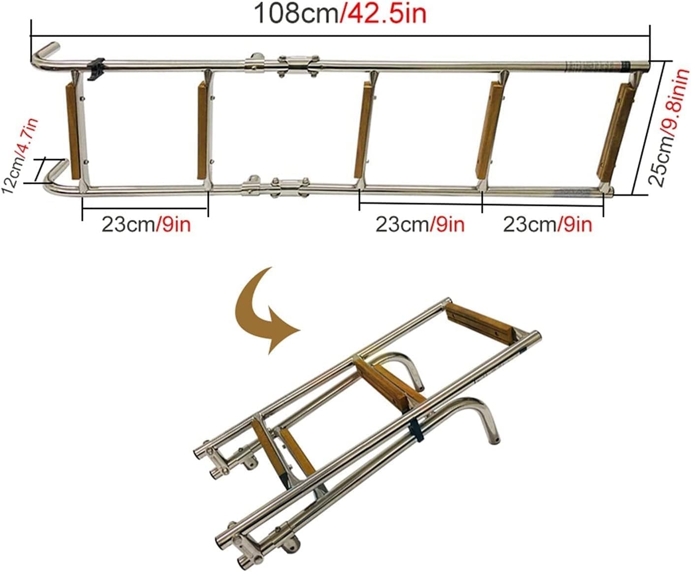 ポンツーンボートラダー 船舶用はしご 海洋はしご 5段 折りたたみ式ポンツーン ボートはしご 木製段付き ステンレススチール 船尾ト