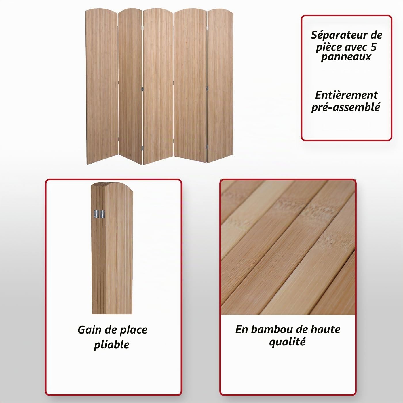 Paravent en Bambou HWC-O30 170 x 204 cm