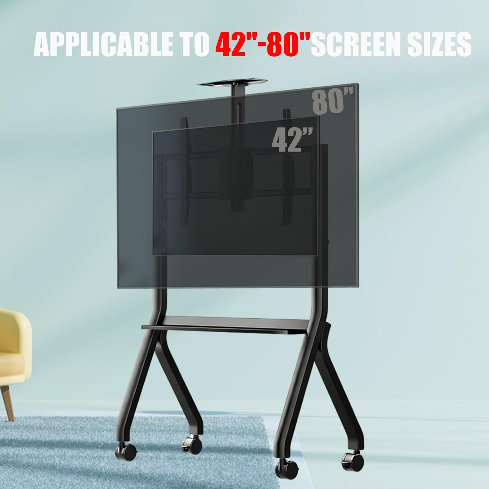 Supporto TV Portatile su Ruote con bloccaggio di Sicurezza, Base Extra Large, Perfetto per Famiglie con Bambini e Animali Domestici, Massima stabilità 42"-80"