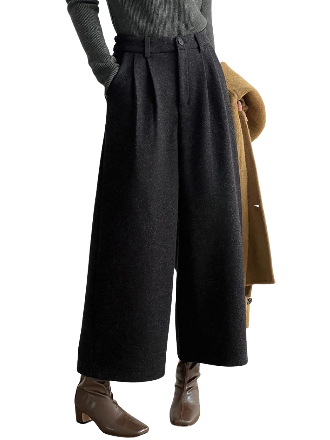 chouyatou Womens Fall Winter Wool Culottes Cropped Pants Elastic High Waisted Loose Wide Leg Palazzo