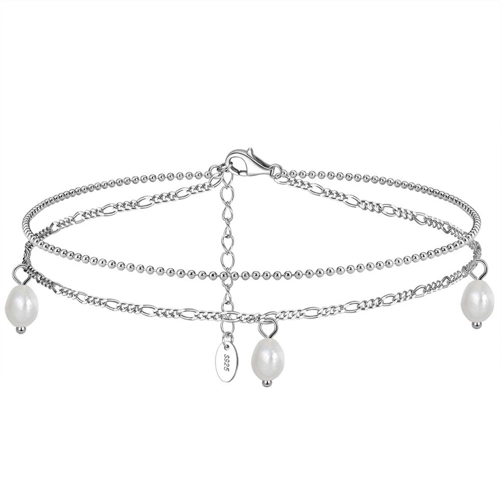 Cavigliera in Argento 925 Donna, Cavigliera Sexy Perlina A Doppio Strati con Perla Argento, Regolabile Fino a 27 cm - Bracciali alla Caviglia da Spiaggia Cavigliere per Donne