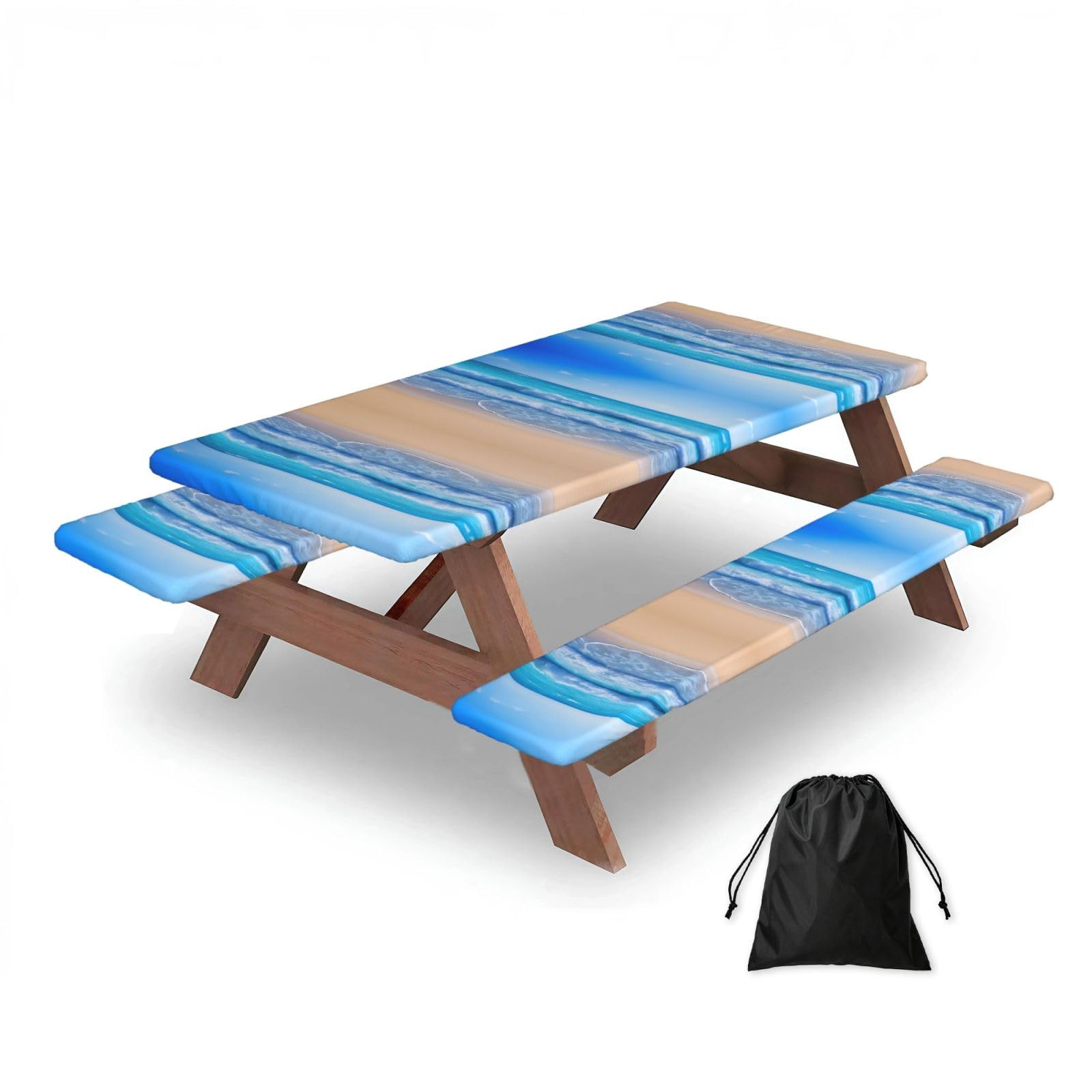 ESNAIUVCD Beach And Sea Print Picnic Table Cover With Bench Covers,Camping Essentials,Fitted Tablecloth Cover With Elastic Edge, For Indoor & Outdoor 3 Pcs