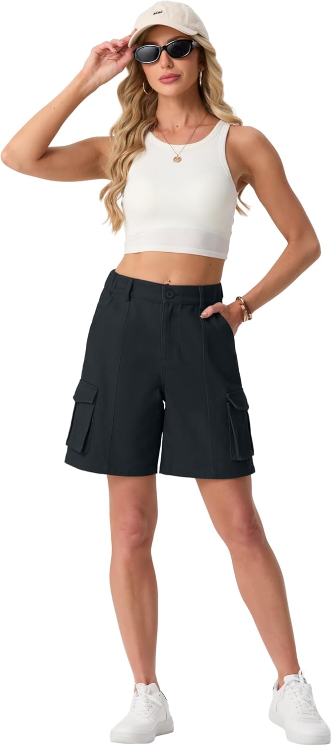 Lepunuo Womens Cargo Shorts Knee Length Bermuda Shorts 6 Pockets Casual Summer Hiking