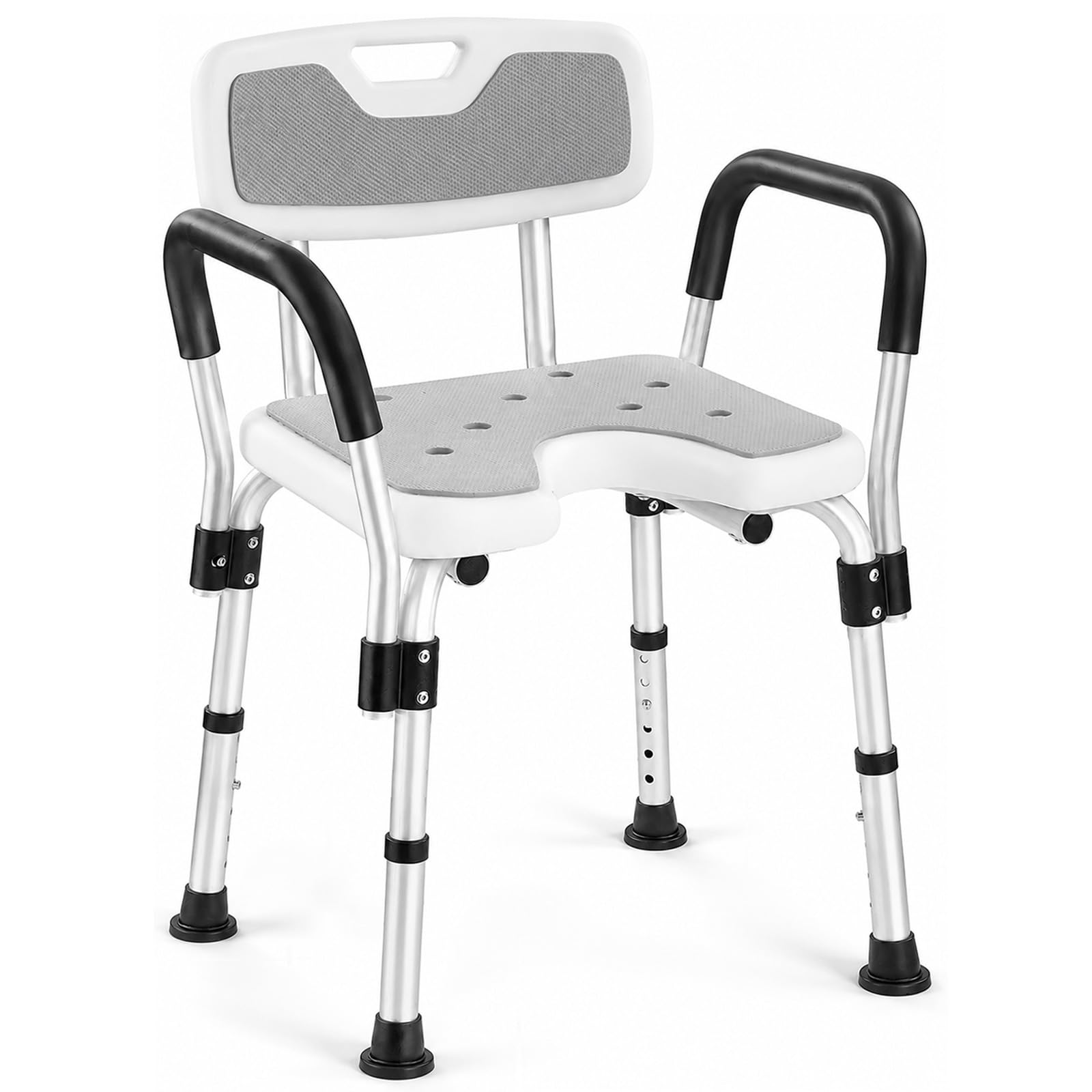 U-förmiger Duschstuhl für Senioren mit Armlehnen & Rückenlehne, Höhenverstellbarer Duschhocker mit rutschfest, Duschsitz bis 150 kg, Aluminium Duschstuhl zum Sitzen in der Dusche Grau