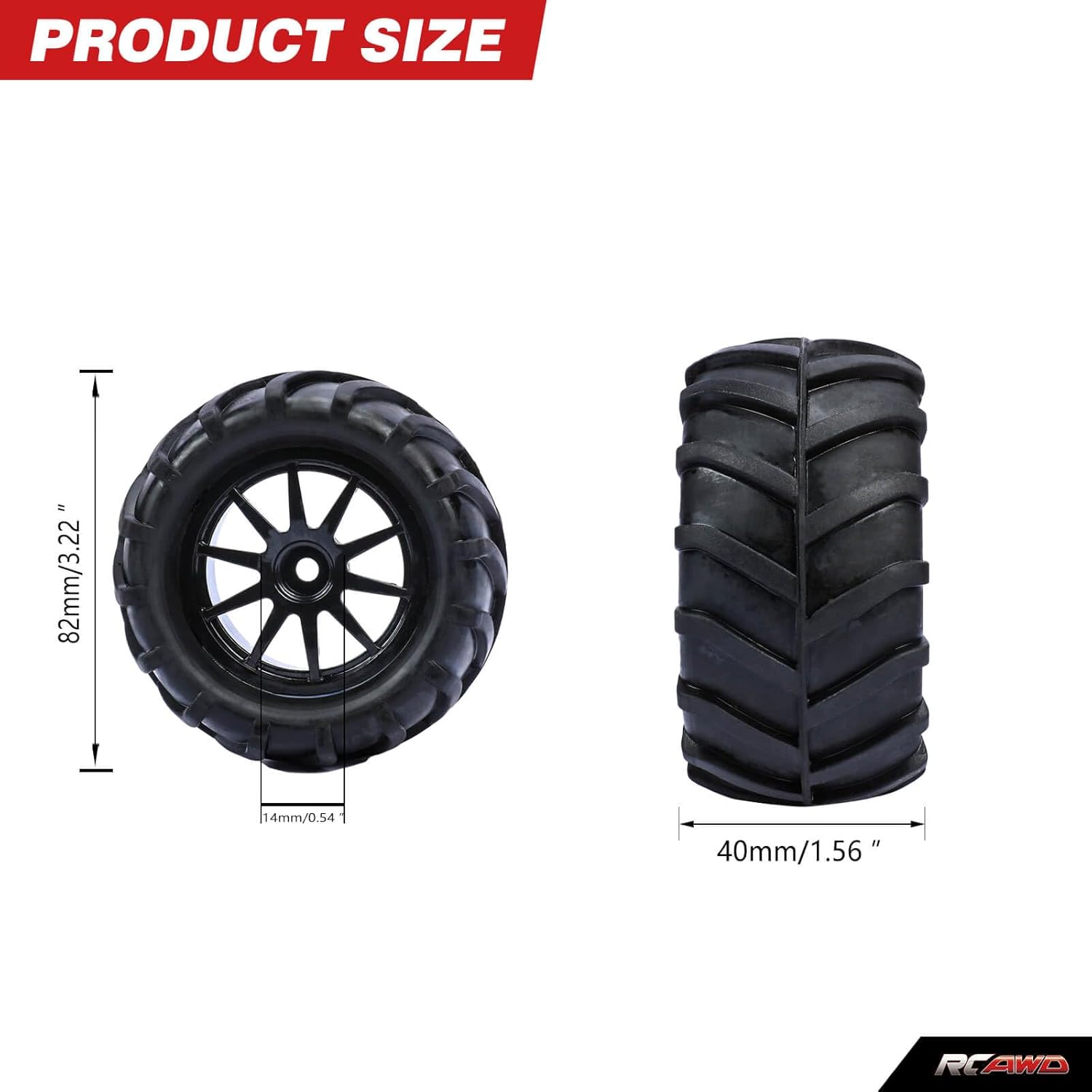 RCAWD Pre-Glued Wheel and Tire Set Rubber Nylon Upgrades Parts for 12mm Hex Adapter 1/16 1/18 Monster Truck with Foam Inserts for Hosim 2845 Scale RC Width 40mm ID 45mm OD 82mm LG-003BL