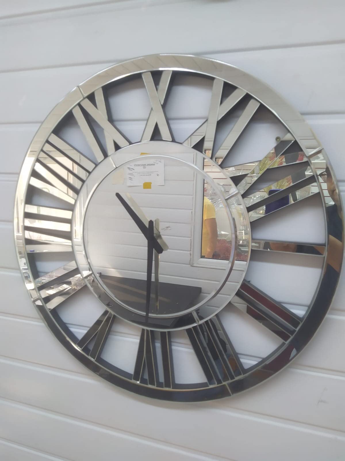 Biznest 60Cm Round Mirrored Wall Clock Large Roman Numeral Silver Finish Modern Decorative