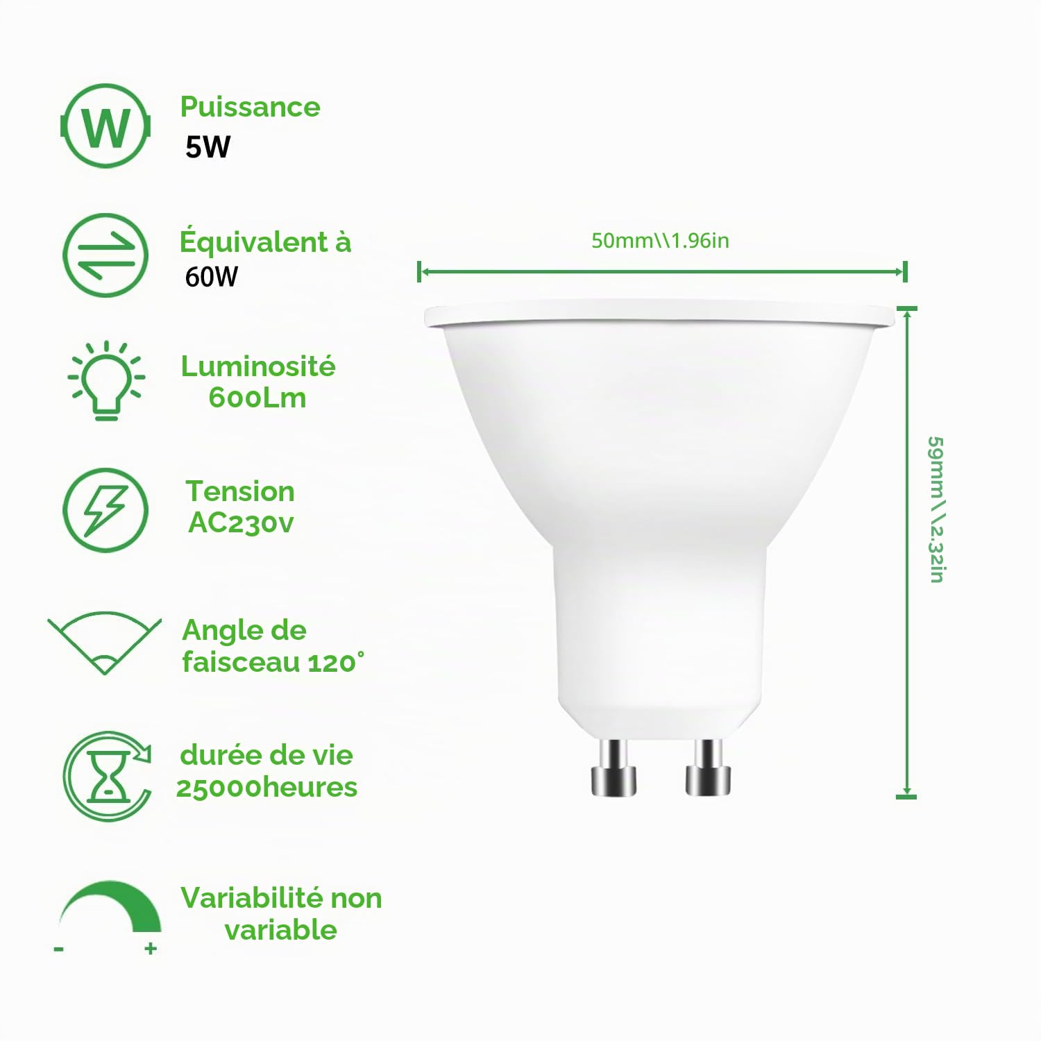 Yiahin Ampoules LED GU10, Spot LED 5W (équivalent 50W), Blanc Froid 6000K, Non Dimmable, Lot de 40