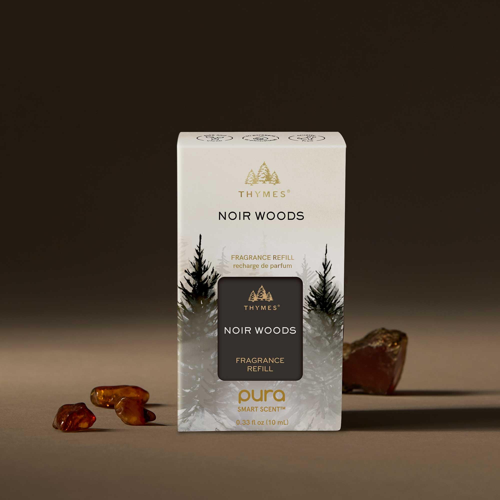 Thymes Pura Nachfüllpackungen – 2 Stück Öldiffusor-Düfte – langanhaltende Pura-Diffusor-Nachfüllpackungen – Premium-Raumduft – Noten von frischem Immergrün, Rauchholz & goldenem Bernstein (Noir Woods