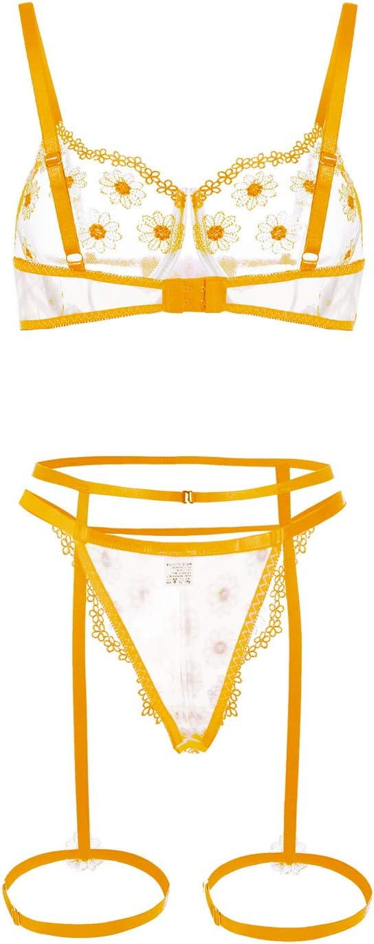 NO-BRAND Women Lingerie Sets with Garter Belt 3 Piece Lace Teddy Babydoll Bodysuit