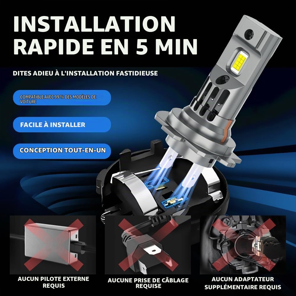 H1+ H7 LED Ampoule de Phare, 1:1 Taille Mini H1 LED Ampoule Sans Polarité Plug and Play H7 LED Phare Sans Fil 90W 18000lm 600% Plus Lumineux Faisceau Haut/Bas Remplacement Halogène-2PCS