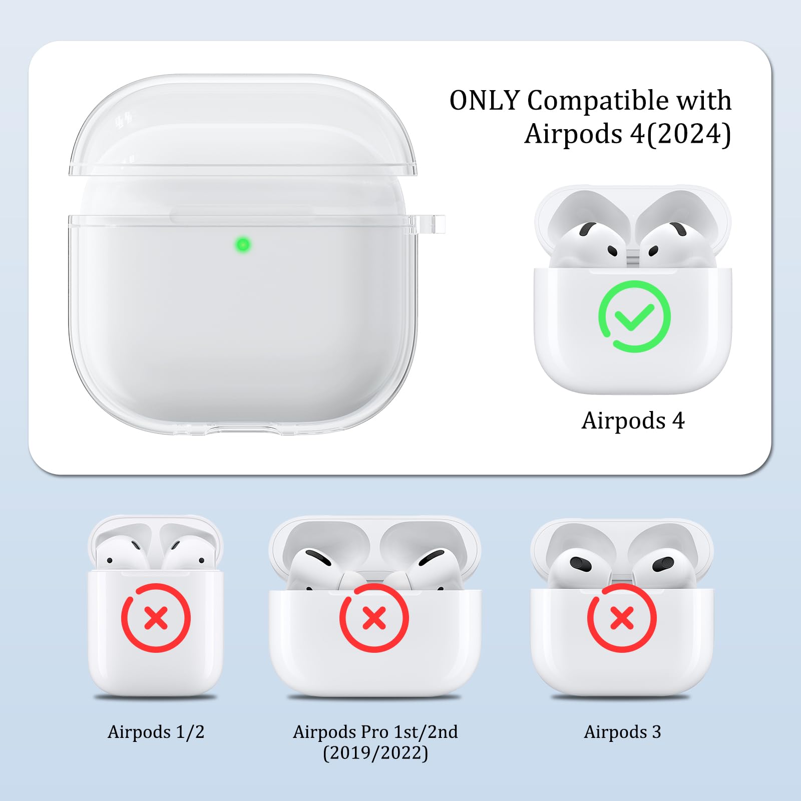 Coque Silicone AirPods 4 2024 Anti-Choc Transparent avec LED Visible, Kit Nettoyage, Porte-clés et Cordon