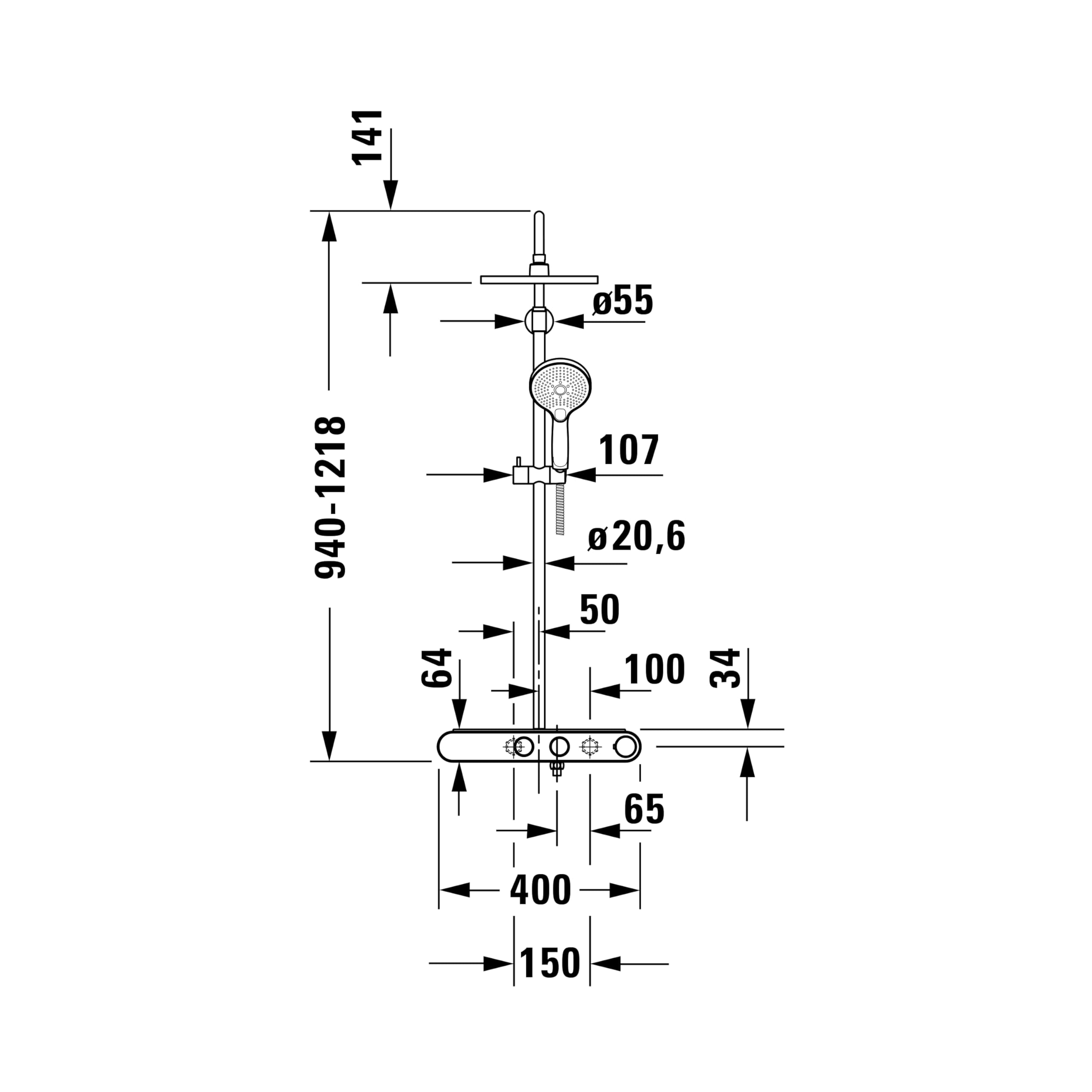 Duravit Duschsystem, wassersparendes Shower System, Duschkopf mit 3 Strahlarten (Rain, Pulse, Mono), im Winkel verstellbar, Duschset reinigungsfreundlich, Duschsystem mit Thermostat, Chrom/Weiß
