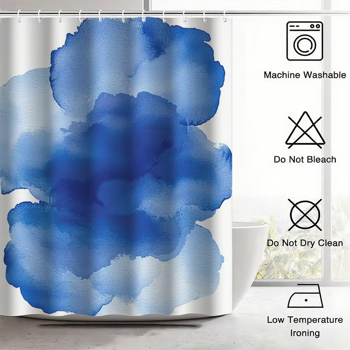 Blau Duschvorhang 240x200, Duschrollo mit 12 Duschvorhang Haken, Blühen Shower Curtains Beschwerter Saum, Waschbar Polyester Stoff Wasserdicht Extra Lang für Badewanne Badezimmer Deko, Geschenke -5117