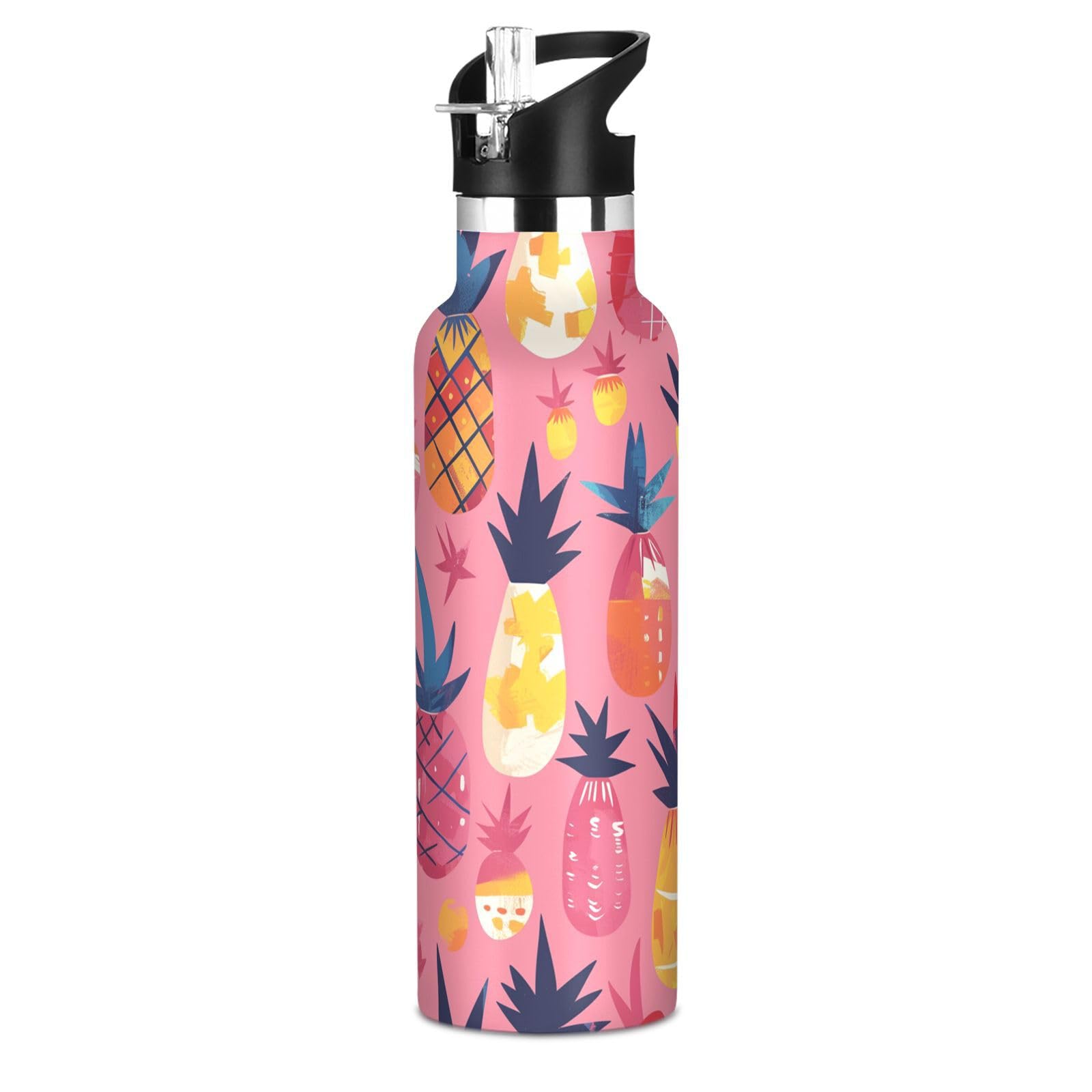 Kaaviyo Boys Pattern Pink Blue Pineapples Yellow Water Bottle Stainless Steel Jug Insulated Vacuum Cup For Girls(600Ml)
