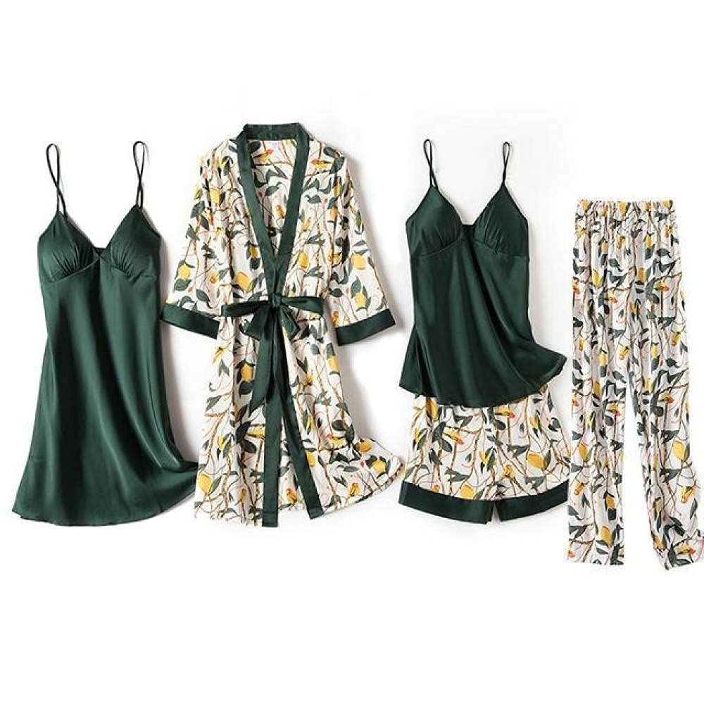 Vestaglie, Kimono a fiori con stampa in raso, accappatoio, abito da notte sexy da donna, 5 pezzi, abito da notte, abito da notte, intimo, lingerie, abbigliamento per la casa, 2 pezzi blu lago, M (5