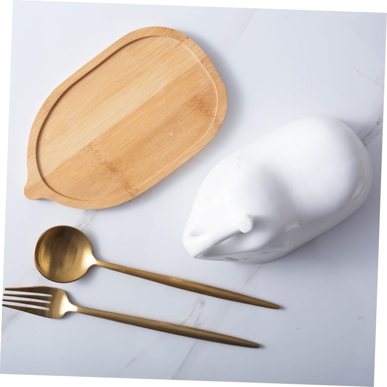 Mikinona Elephant Shape Ceramic Butter Dish with Lid Simple Wooden Plate for Use Tableware for Celebrations Parties and Banquets