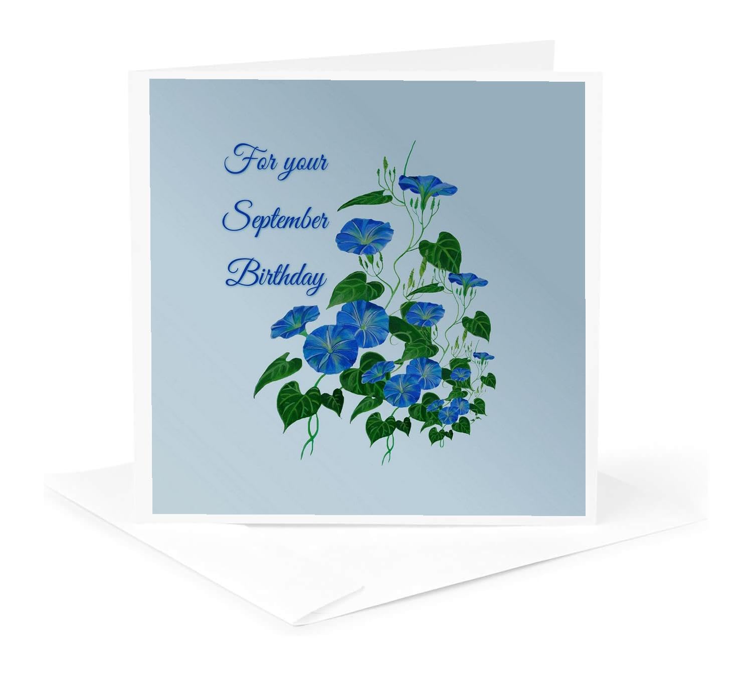3dRose, September Birthday Morning Glory Asters Botanical Greeting Card, 1 Greeting Card with envelope