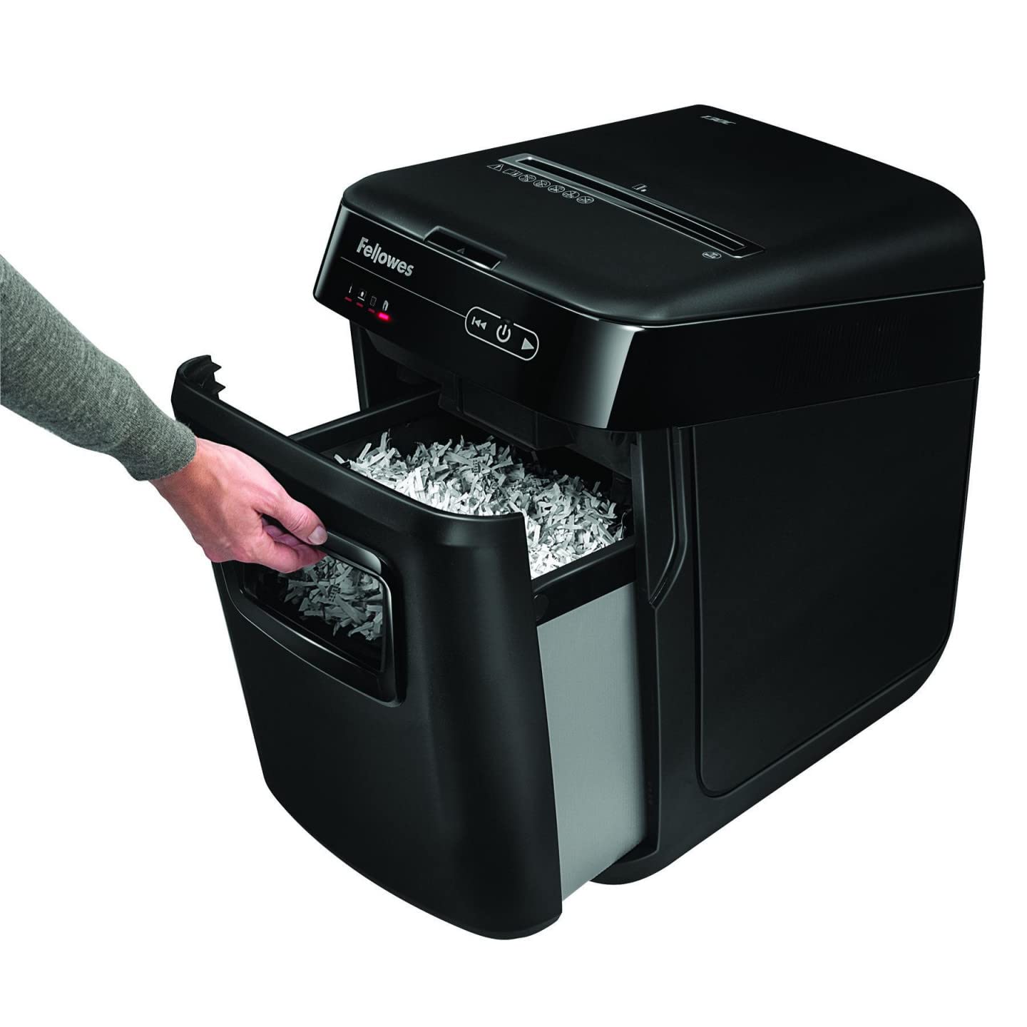 Fellowes Destructeur de Documents Automatique AutoMax 150C, Coupe Croisée, Sécurité DIN P-4, 150 Feuilles, Corbeille 32L, Professionnel, Auto Reverse, Silencieux, Mise en Veille Automatique, 4680101