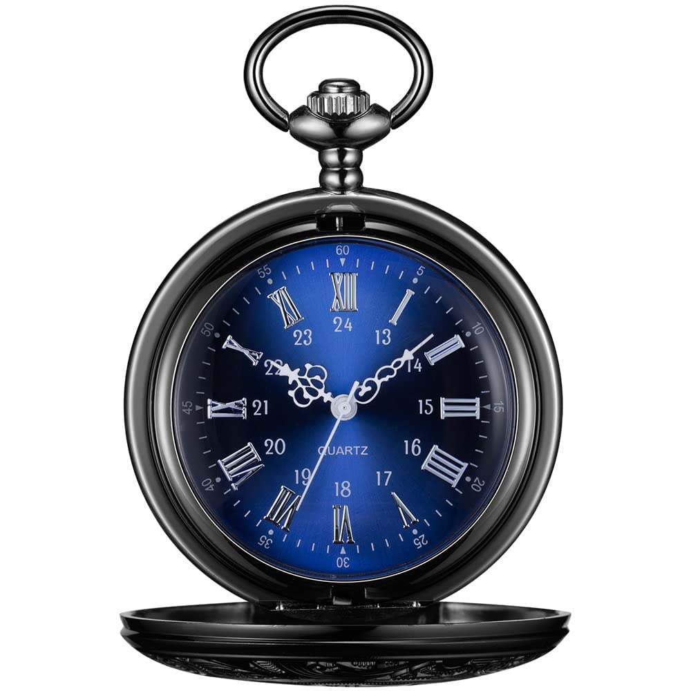 BOSHIYA Pocket Watches for Men Vintage Unique Blue Dial Roman Numerals Scale Black Quartz Pocket Watch with Chain for Christmas Graduation Birthday Gifts