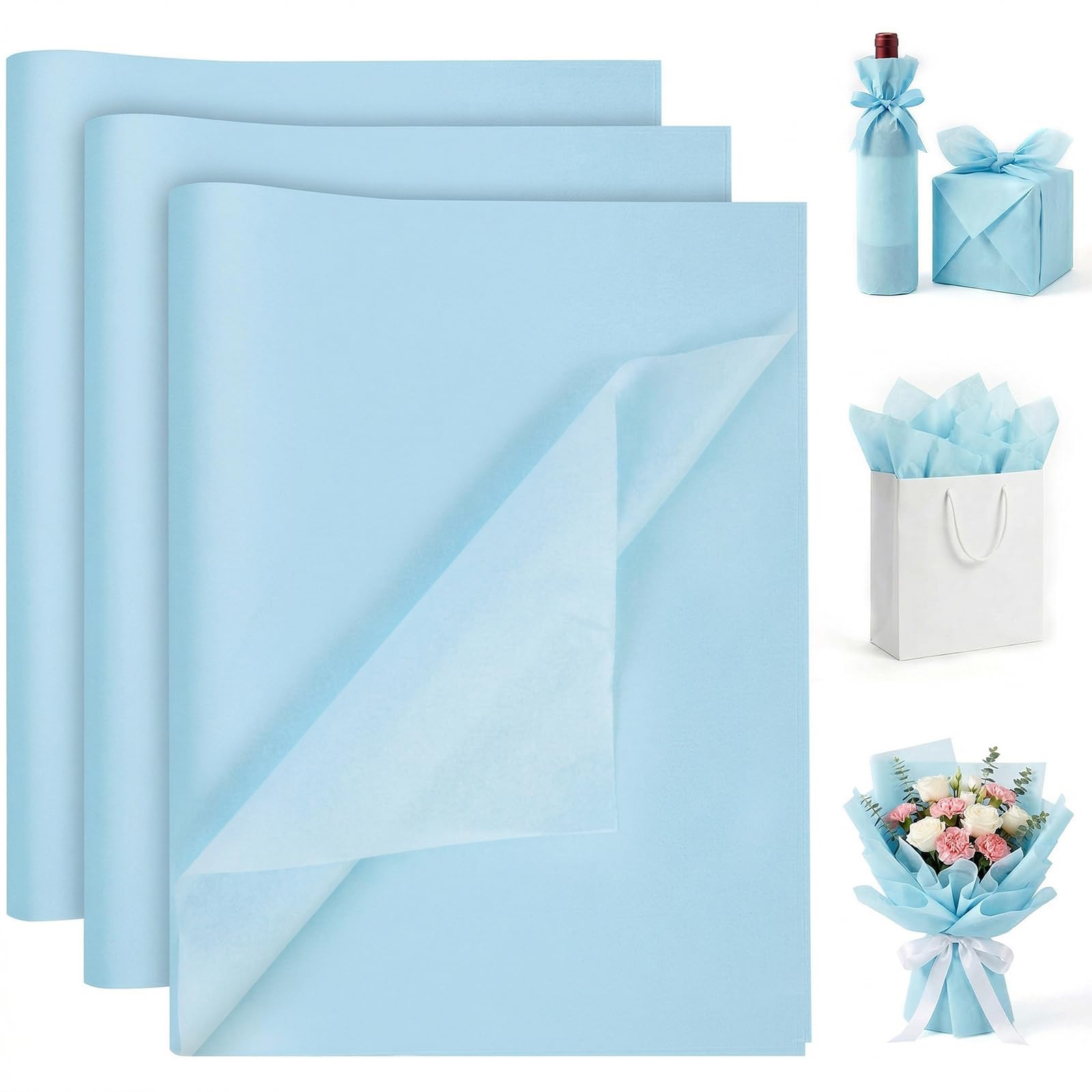 Koogel 120 Sheets Blue Tissue Paper, 14x20 Inch Tissue Paper for Gift Bags Light Baby Blue Wrapping for DIY Crafts Party Holiday Decorations