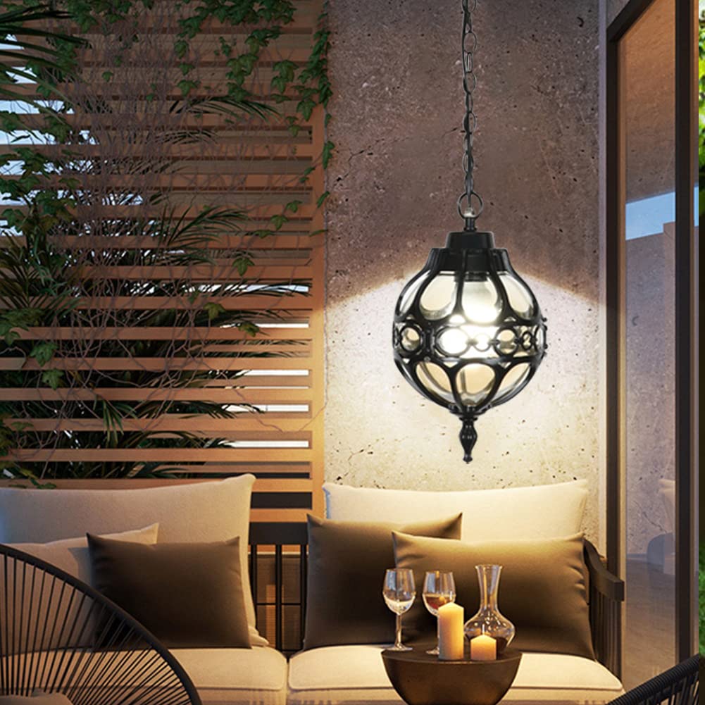 Lawyettle Outdoor Hanging Light - 10.7 Inch Waterproof Chandelier With Wavy Glass For Porch, Patio & Gazebo (Black, E26 Bulb Compatible)