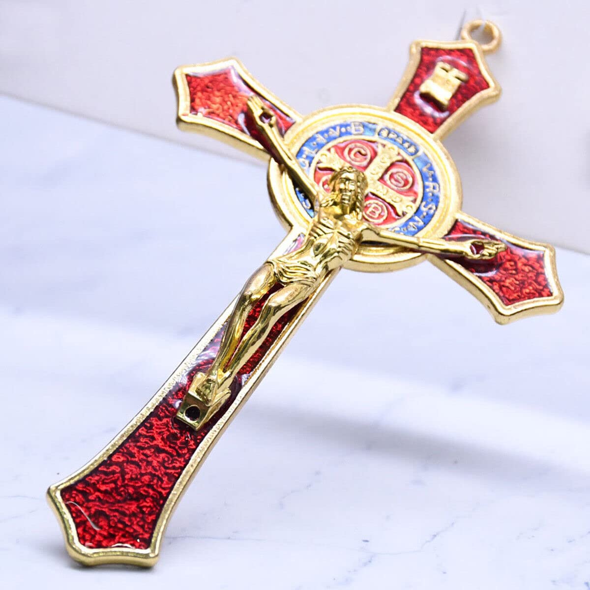 BRAVECOW Vintage Wall Decoration Wood Metal Hand Hold Cross Crucifix Jesus Holy Religious Carved Christ (Red) - Image 2