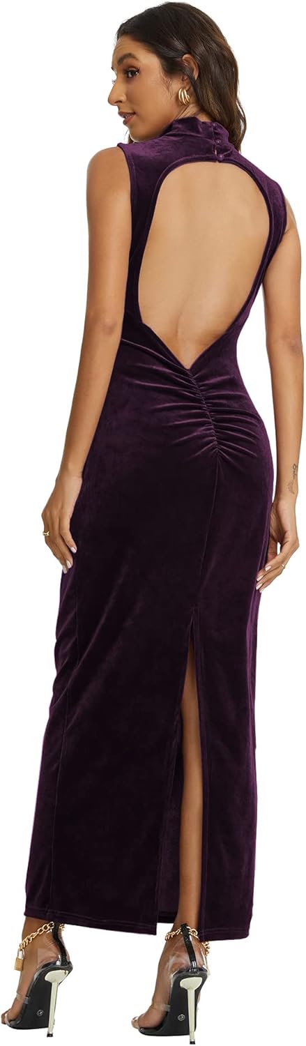 Capuffy Women Backless Velvet Maxi Dress Back Slit Ruched Bodycon Formal Dress High Neck Cocktail Party Dress 091 - Image 2