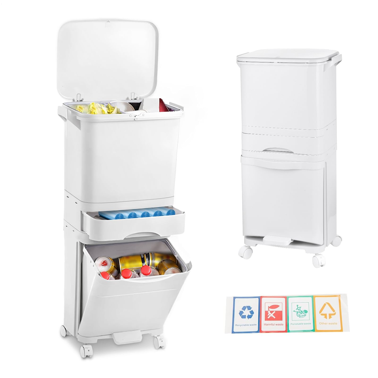 Cubo De Basura Cocina Multinivel 42L, cubo De Basura De Reciclaje Con Ruedas Bloqueables, Diseño Vertical Ahorrador Espacio, Separación Residuos Seco Húmedo, 3 En 1 Contenedor De Basuras De Cocina