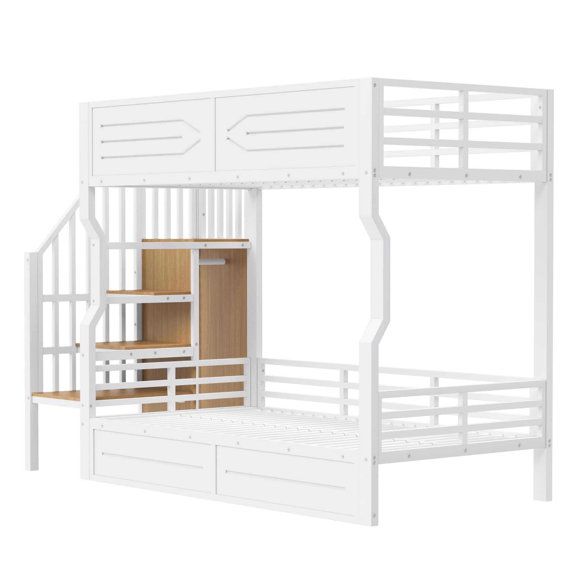 Etagenbett Kinderbett 90x200 cm mit LED und Stauraum, Metallbett Hochbett mit Treppe im Schrankstil und Rausfallschutz, Jugendbett Stockbett Bettgestell mit Lattenrost, Weiß, Ohne Matratze