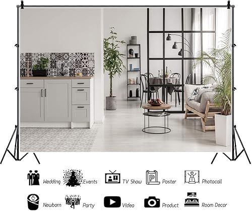 Miniatura 2 de OERJU Fondo de fotografía moderno y acogedor para sala de estar, de 5 x 3 pies, sofá limpio y ordenado, fondo de cocina abierta, trabajo en casa,