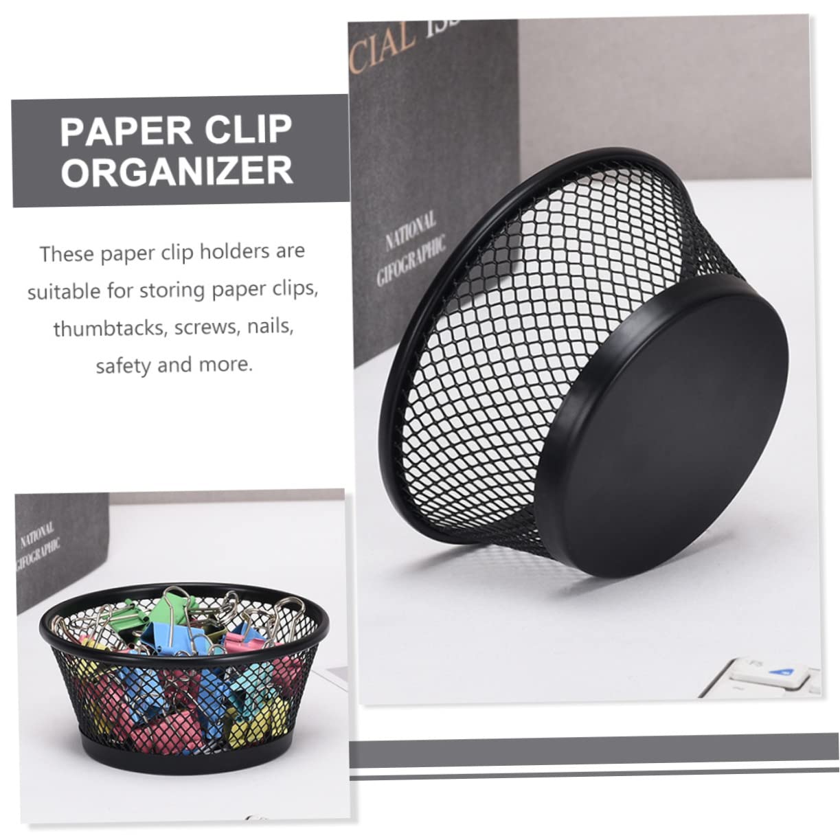 Homoyoyo 6 Pièces Porte-Trombones pour Bureau, Conteneur à Trombones en Fer Noir, Panier à Trombones Maille, Grosse Capacité, pour Bureau/Garçon et Filles