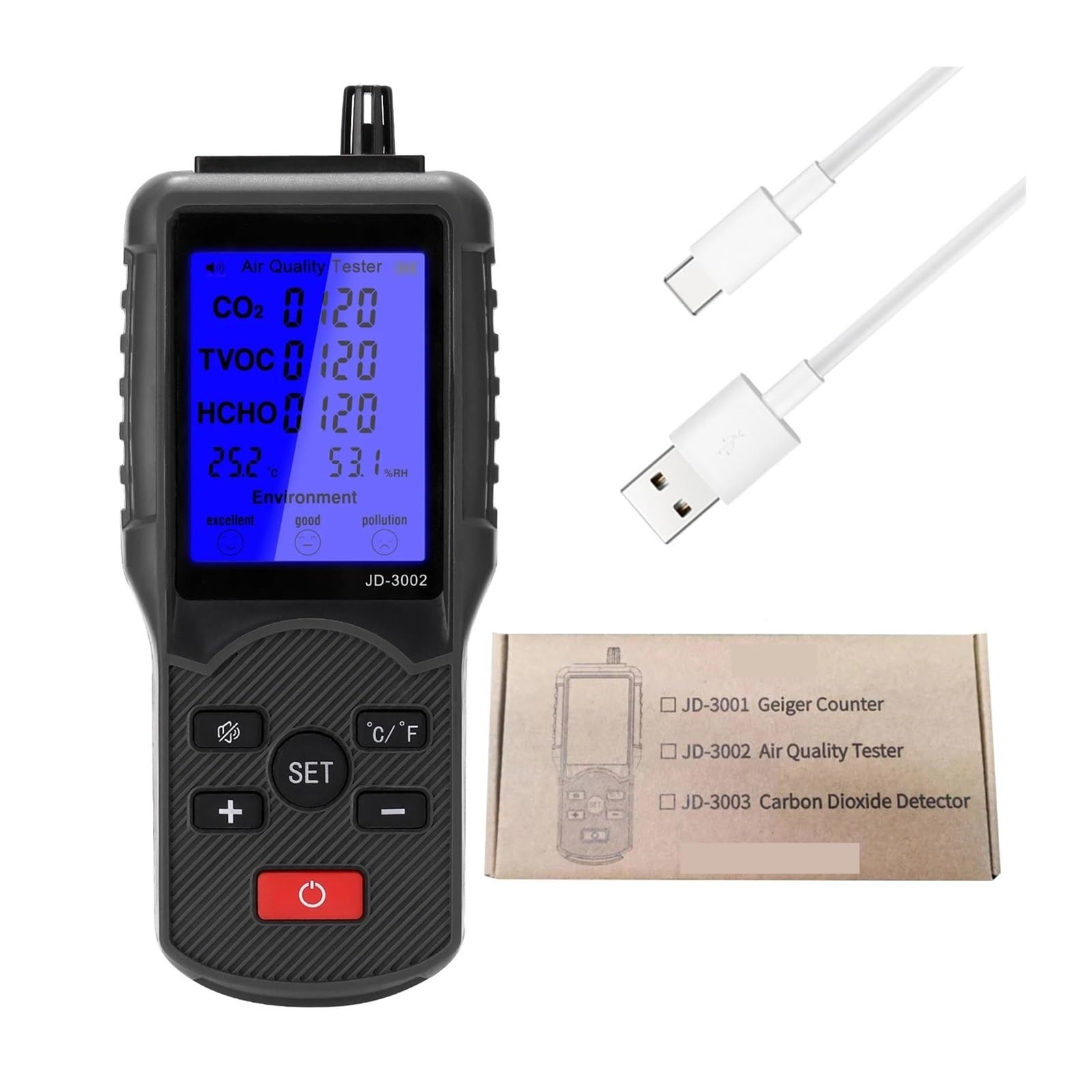 Rilevatore di qualità 'aria Monitor CO2 HCHO TVOC con display LCD per umidità e temperatura | Letture di CO2, HCHO, TVOC, temperatura e umidità in tempo reale con allarme e spegnimento automatico.(Paper box)