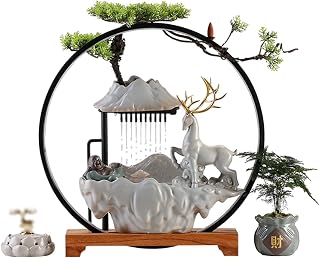 Buddha Tabletop Fountain Indoor Ceramic Deer Waterfall Fountain w/LED Light, Atomizer & Backflow Incense Burner for Stress Relief