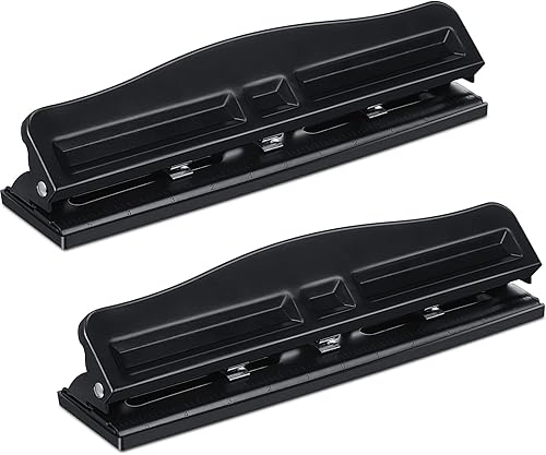 2 perforadoras de metal negro con 3 agujeros ajustables, 3 anillas, capacidad de 20 hojas, perforadora de papel portátil con bandeja fácil de