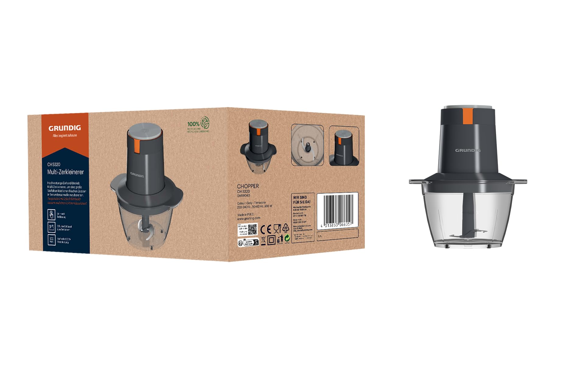 Grundig CH 5320 Tritatutto Multifunzione 500W con 2 Lame in Acciaio Inox Contenitore in Vetro da 0,5L 2 Livelli Supporto Antiscivolo Uso con una sola Mano, Blocco di Sicurezza