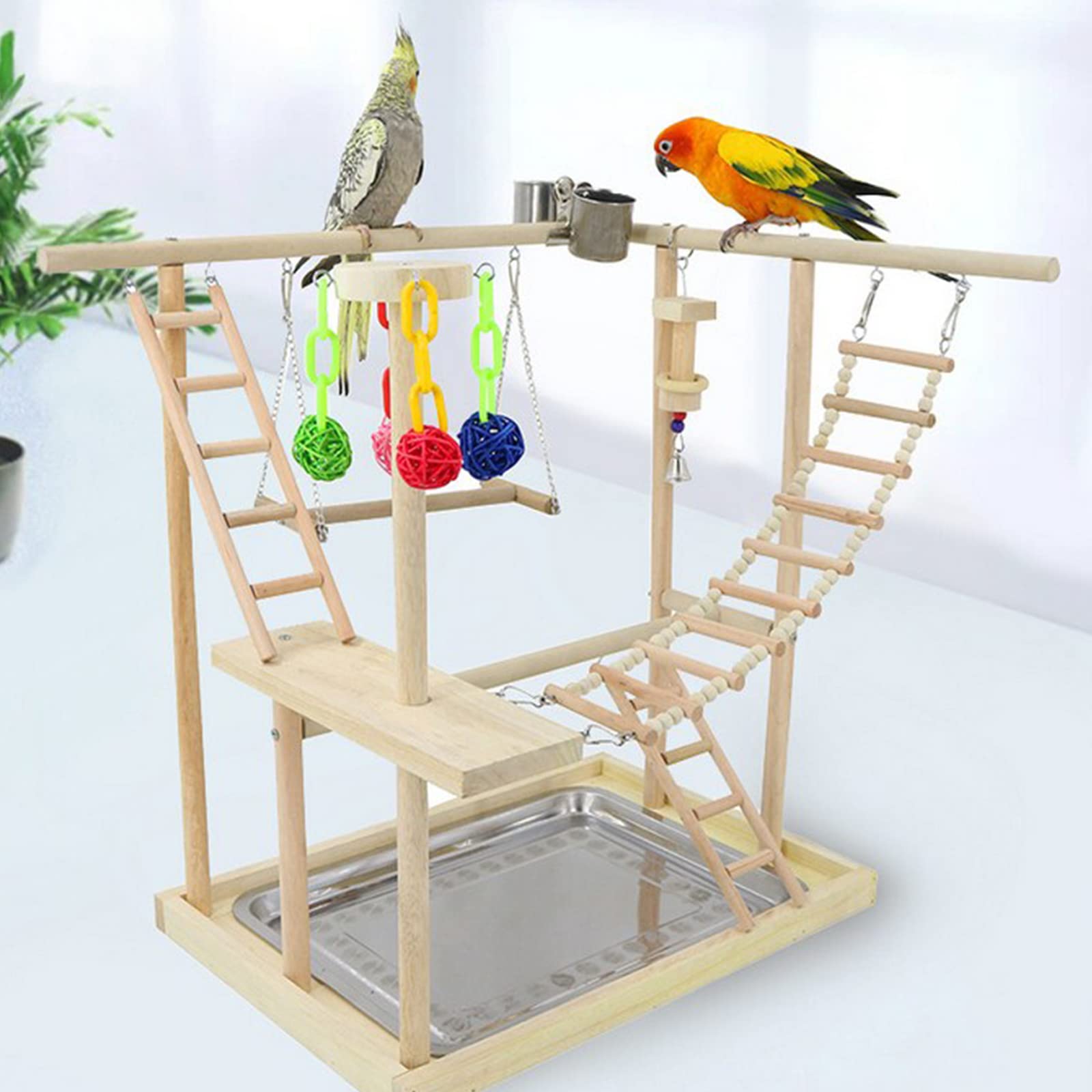 RoseFlower Mesa de Juegos de Loros, Soporte para madera para pájaros, Soporte de Juegos de Aves Columpio Loro Parque Infantil Percha Gimnasio Escalera con Cuenco de Alimentación de Pájaros y bandeja#6