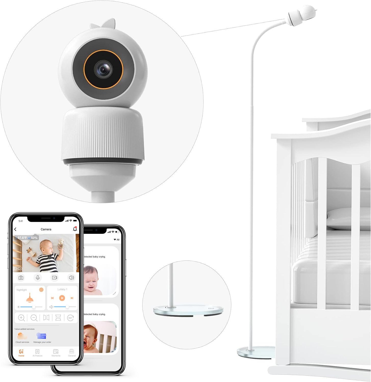 Cheego 3MP HD Smart Baby Monitor with Camera and Audio Bundle with Floor Stand A.I. Safety Alerts, Two Way Talk, Night Vision, 4X Zoom, Room Humidity & Temp,Cry Detection, Multicolor Night Lamp