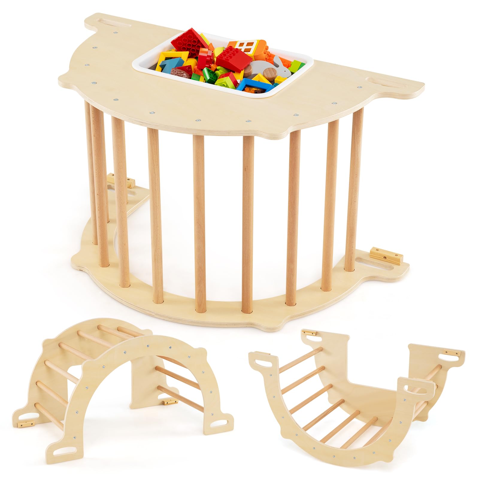 GYMAX 8 in 1 Kids Climbing Frame, Wooden Arch Climber with Foldable Storage Bin, Outdoor Indoor Toddler Sensory Table for 3+ Years Old (Large)
