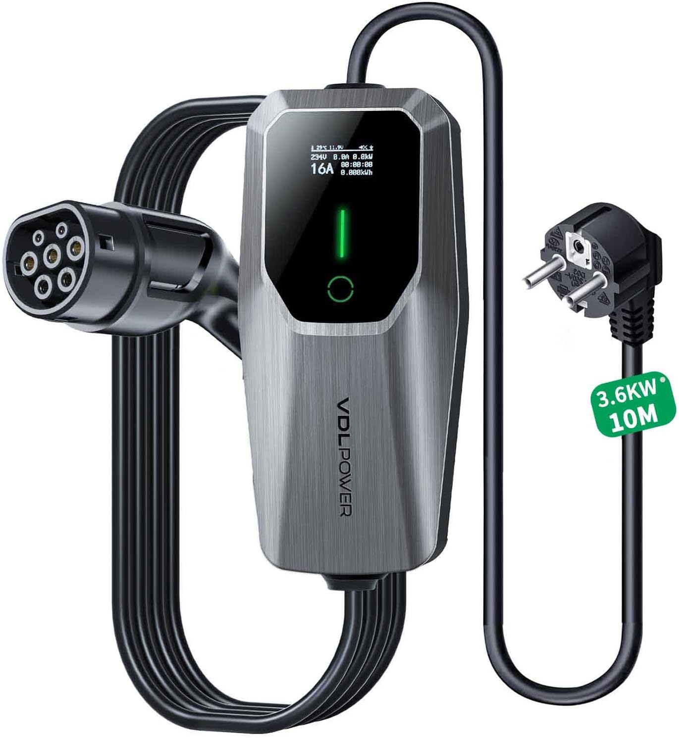 VDLPOWEREU Type 2 Charging Cable, Schuko Electric Car Charging Cable, 6A 16A, Portable LED Indicator, Type 2 EV Charger, Electric Vehicle Charging Cable with European Schuko