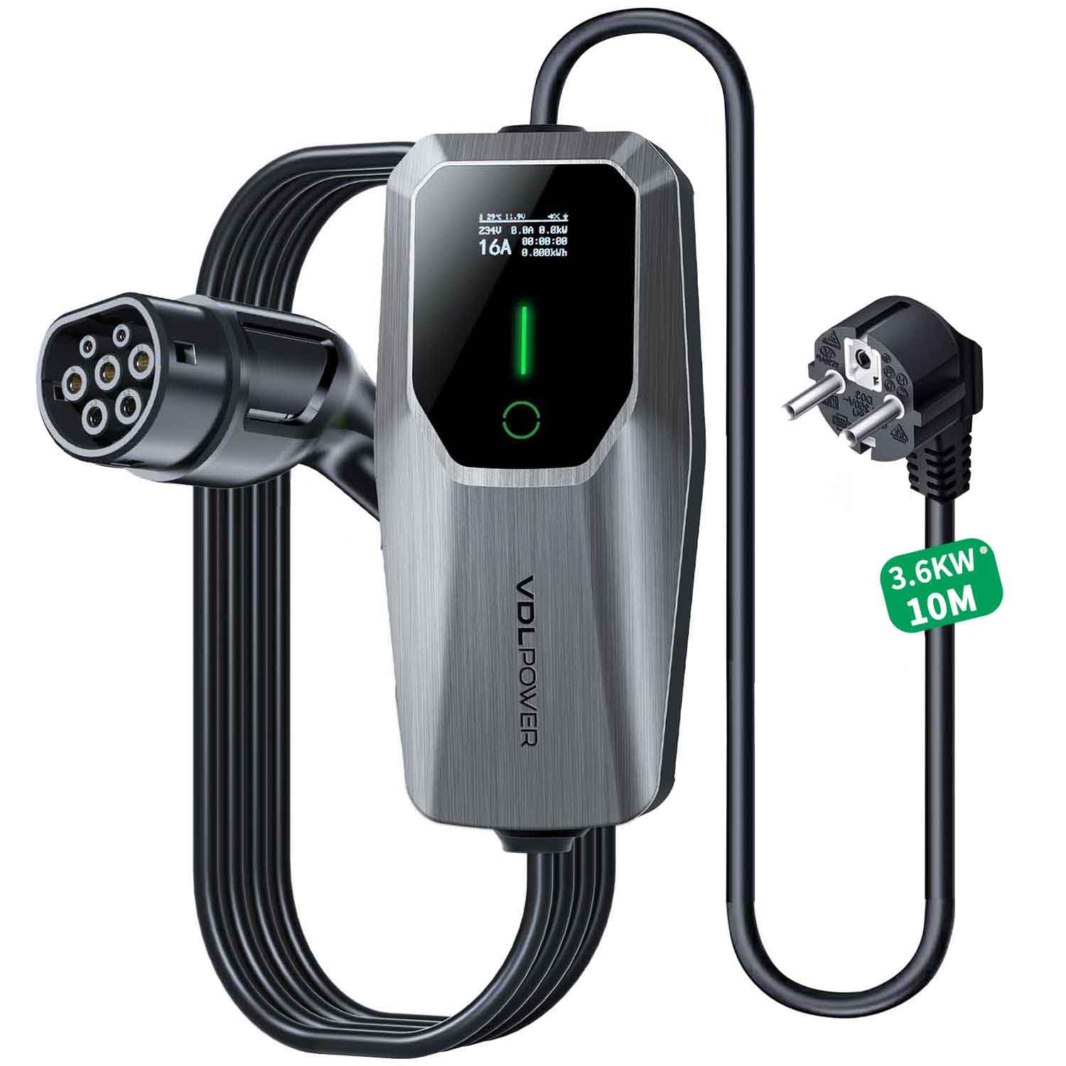 Kabel do ładowania typu 2, 3,6 kW / 10 m kabel do ładowania samochodu elektrycznego Schuko, wyświetlacz LED 6A-16 A, przenośna ładowarka EV, kabel do ładowania typu 2 do pojazdów