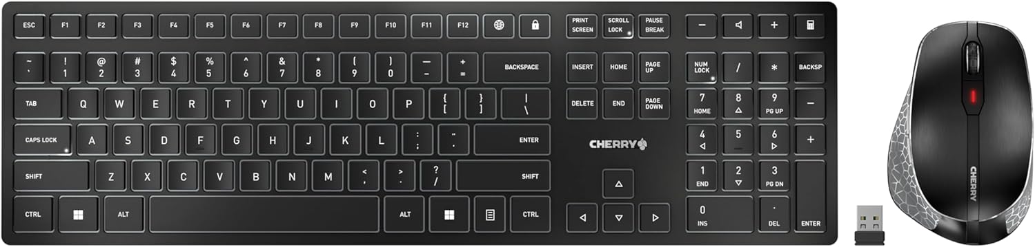 CHERRY DW 9500 Slim, Wireless Keyboard and Mouse Set, Bluetooth & 2.4 GHz Connection, Ergonomic Right-Handed Mouse, Quiet Keys, Rechargeable, QWERTY, Black/Gray